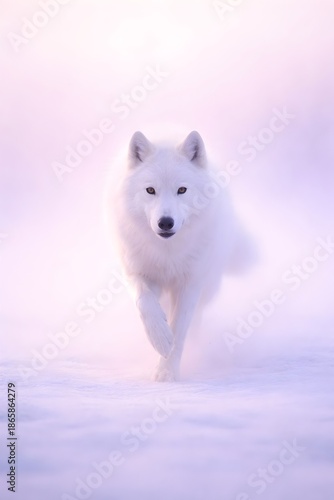 A magnificent white arctic wolf with piercing amber eyes gracefully walks forward through a soft, ethereal landscape of snow and mist, bathed in gentle pink and purple light.
