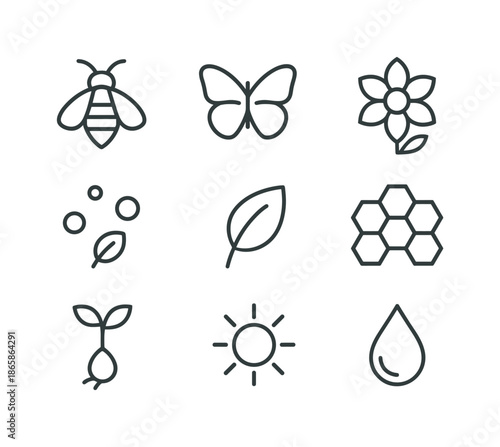 Pollination Icons Grid. Pollination. Line icon set of Pollination: bee, butterfly, flower, pollen, leaf, honeycomb, hive, seed, plant, sun, droplet, wind
