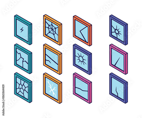 Colorful Cracked Window Icons. Cracked windows. Colorful isometric vector icons set of cracked windows: small crack, spiderweb crack, corner crack, shattered