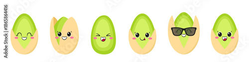 Set pistachio, cute and fun cartoon character, tasty and healthy nut, big eyes, emotions joy delight, happy smiling face, kawaii style, icon vector children's illustration.