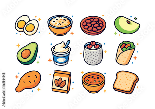 Colorful Satiety Foods Icons. Satiety Foods. Colorful isometric vector icons set of Satiety Foods: boiled eggs, oatmeal bowl, beans plate, apple slice, avocado