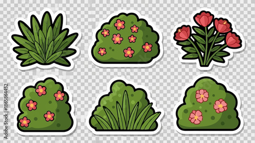 Six cartoon bush and flower stickers