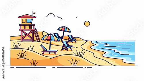 A cartoon lifeguard tower overlooks a sunny beach with lounge chairs and umbrellas