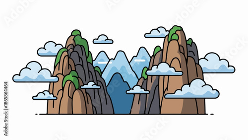 Stylized mountains with green tops and clouds float against a white background
