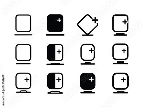 Mirror Logo Variations. Adding a new mirror in the bathroom. Icon set. Set Logo of adding a new mirror in the bathroom: wall-mounted mirror shape. harmonious