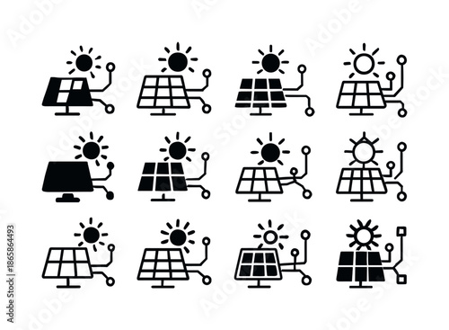 Smart Energy Grid Icons. Smart energy grids. Icon set. Set Logo of Smart energy grids: solar panel network. harmonious logo variations of the same emblematic