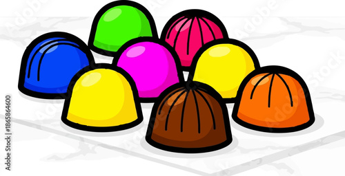 A colorful assortment of stylized dome-shaped candies arranged on a white surface