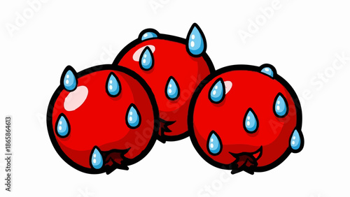 Three cartoon red fruits with blue water droplets on white background