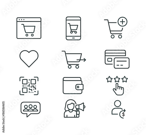 Consumer Behavior Icons. consumer behavior. Line icon set of consumer behavior: online shopping icon, mobile purchase, add-to-cart, wishlist icon, checkout
