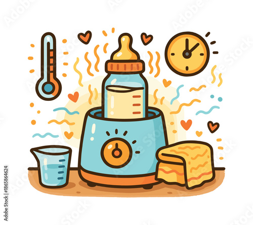 Bottle Warming Doodle. Bottle warming. Colorful Hand-drawn doodle Children illustration Bottle warming bottle warmer, thermometer, steam lines, milk bottle,