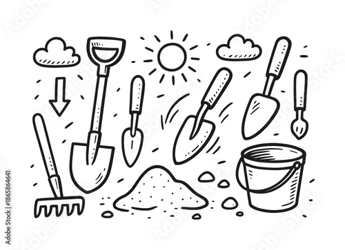 Digging Tools Doodle. Digging tools. Hand-drawn doodle illustration Digging tools shovel, trowel, rake, bucket, sand mound, directional arrows, small stones,