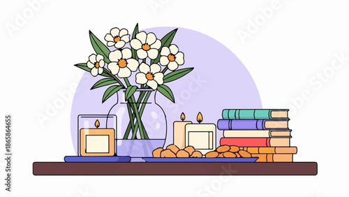 A shelf displays flowers, lit candles, a pile of books, and snacks