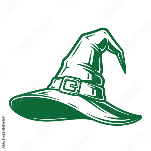 Green witch hat with belt and buckle on transparent background for halloween or magic themed designs
