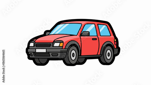 A red cartoon car with blue windows and black trim