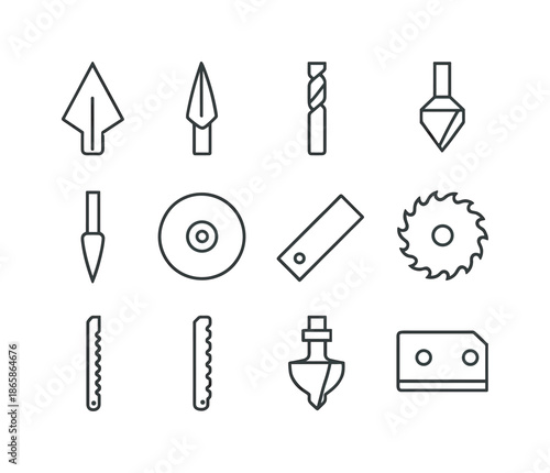 Sharp Tools Icon Set. Sharp tools. Line icon set of Sharp tools: arrowhead, spear tip, drill bit, countersink bit, engraving bit, cutting disc, metal blade,