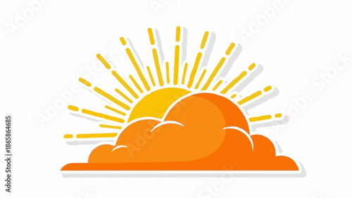 Stylized sun rising over orange clouds, casting bright yellow rays