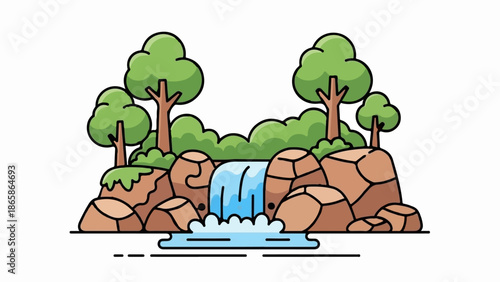 A charming animated scene depicting a waterfall flowing over rocks with lush green trees