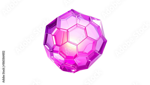 A glowing, faceted, crystalline sphere in shades of pink on black