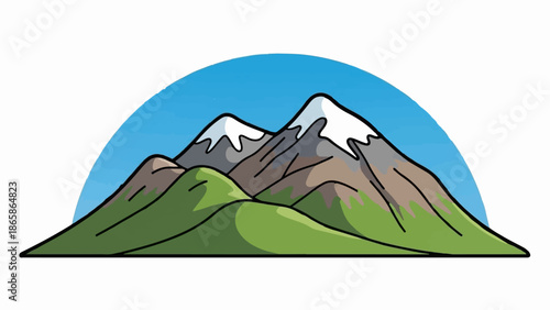 Stylized mountain peaks with snow caps rise above rolling green hills under a blue sky