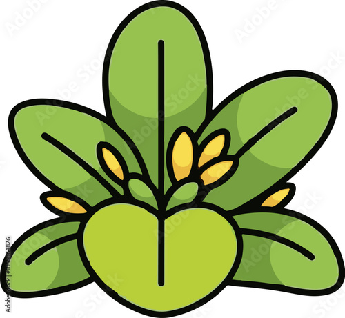 A stylized green plant with yellow buds and a heart-shaped leaf