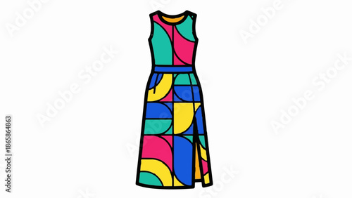 Sleeveless maxi dress with a bold geometric print in vibrant colors