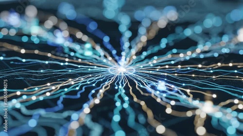 Abstract Network: A stunning, intricate network of illuminated lines converges towards a central point, evoking a sense of connection, data flow, and modern technology.