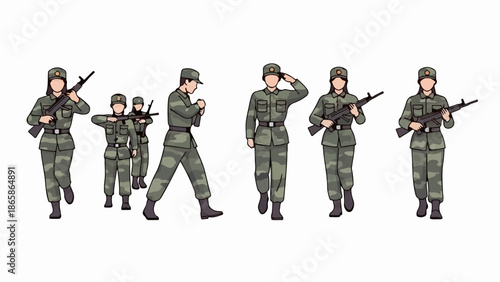 Soldiers in camouflage uniforms march with rifles, some saluting