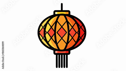 A red and yellow diamond patterned lantern with black outlines and a tassel