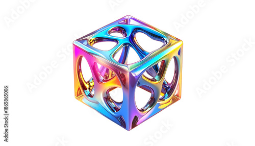Iridescent geometric cube with rounded edges and open interior forms