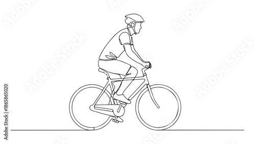 Line drawing of a person riding a bicycle outdoors on a white background, healthy lifestyle