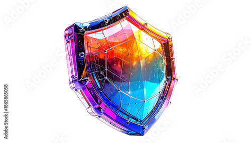 A futuristic, iridescent shield with a network and colorful core