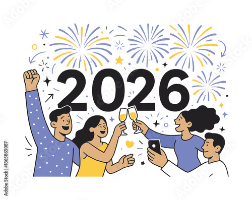 Celebrations. New Year's countdown. Fireworks explode behind a giant ?? as people cheer, clink glasses, and capture the moment on phones. Joy radiates from