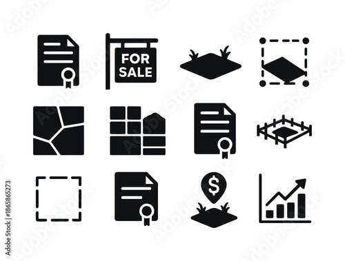 Real Estate Icons. Real estate land. Solid icon set of Real estate land: land deed icon, for sale sign, empty lot, boundary lines, zoning map, development