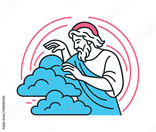 Cloud Sculptor Artistry. Cloud sculptor. The god shapes enormous drifting clouds with gentle gestures; the sky bends in flowing symmetrical arcs. Modern