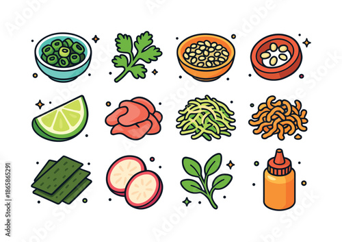 Braised Pork Garnishes Icons. Braised pork garnishes. Colorful isometric vector icons set of Braised pork garnishes: chopped scallions bowl, cilantro leaves