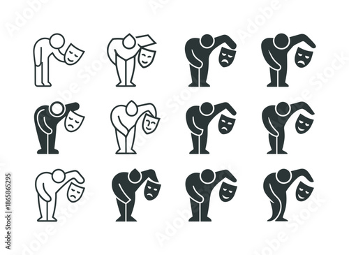 Theater Icon Set. Theater Performance. Icon set. Set Logo of Theater Performance: actor taking a bow. harmonious logo variations of the same emblematic