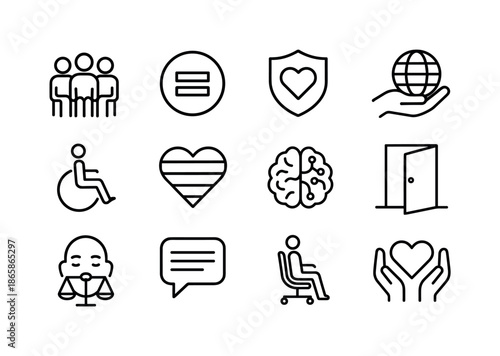 Inclusive Therapy Icons. Inclusive group therapy. Line icon set of Inclusive group therapy: diverse group icon, equality sign, safe space badge, cultural