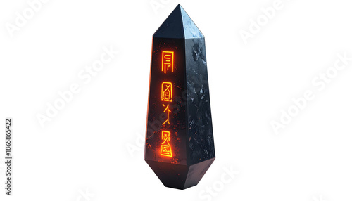A faceted obsidian obelisk glows with fiery runes on a black background