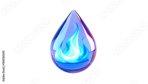 Shiny blue teardrop with an internal flame against a stark black background