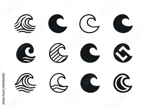 Stream Logo Variations. Stream. Icon set. Set Logo of stream: wave crest. harmonious logo variations of the same emblematic concept, each with different