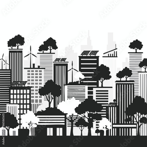Sustainable City Skyline with Renewable Energy and Greenery.
