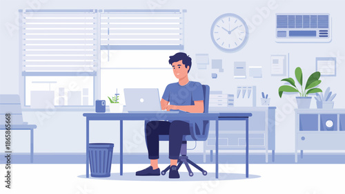 A man sits at a desk in a modern office with a clock on the wall