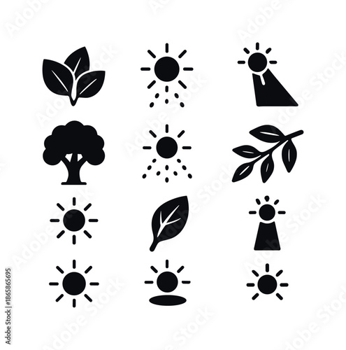 Sunlit Leaf Icons. Sunlight Through Leaves. Solid icon set of Sunlight Through Leaves: leaf cluster, dappled light, shining beam, tree canopy, gentle shadow