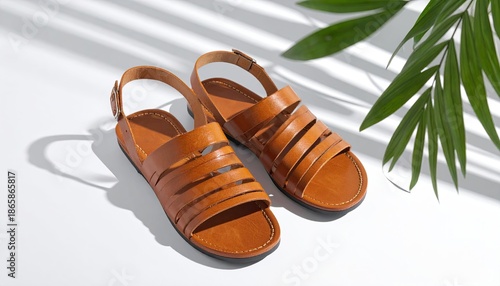 Leather sandals on white surface, shadow of leaves