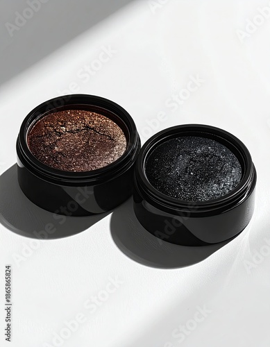 Two small, dark containers holding eye makeup