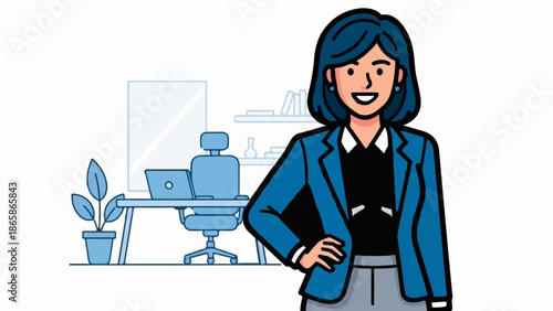 Confident woman in blue blazer stands in a modern office workspace