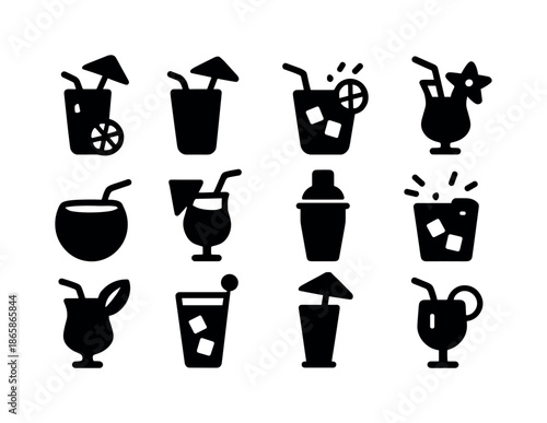 Beach Cocktail Icons. Beach cocktails. Solid icon set of beach cocktails: tall glass, umbrella, straw, citrus wheel, ice cube, starfruit slice, coconut cup,