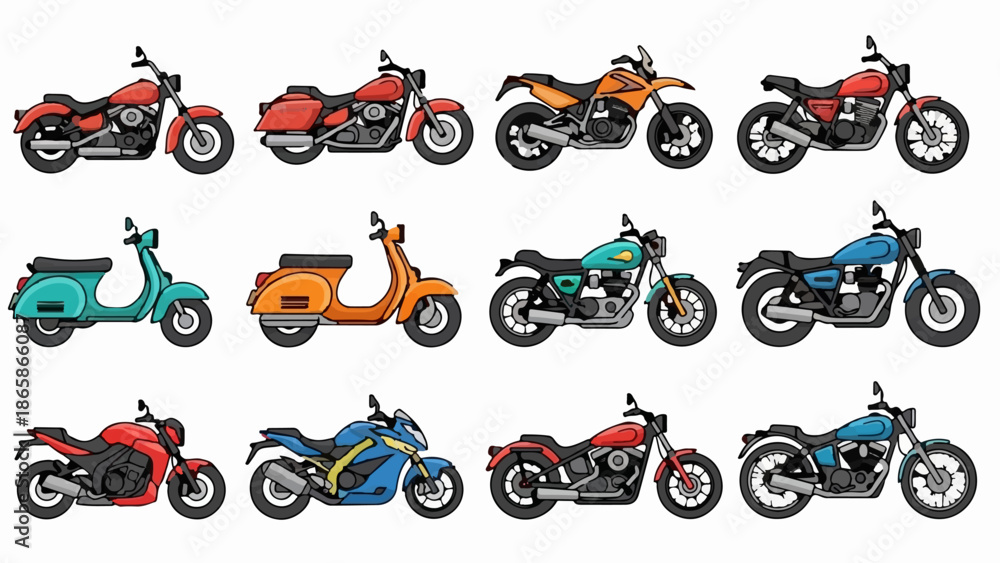Obraz premium Twelve diverse pixel art motorbikes and scooters in vibrant colors