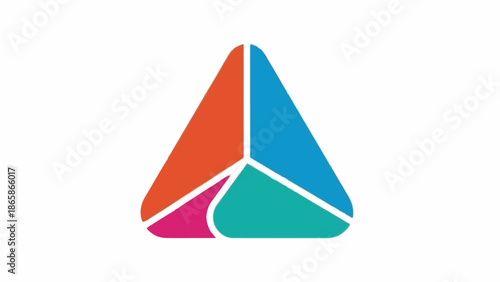 Abstract, triangular logo with three distinct colored sections orange, blue, and green