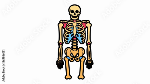 Cartoon skeleton with colored bones and black outlines, isolated on white
